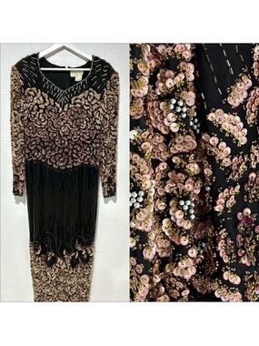 Landa silk vintage embellished beaded long sleeve formal gown size 14